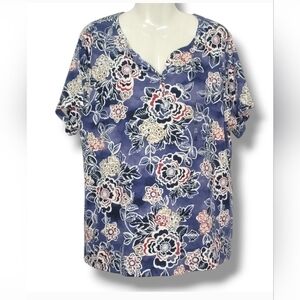 KAREN SCOTT -1X Floral V-Neck Women’s Top - Blue and White